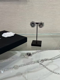 Celine nero pulsante ovale argento pieno diamante doppio C orecchini-3900  